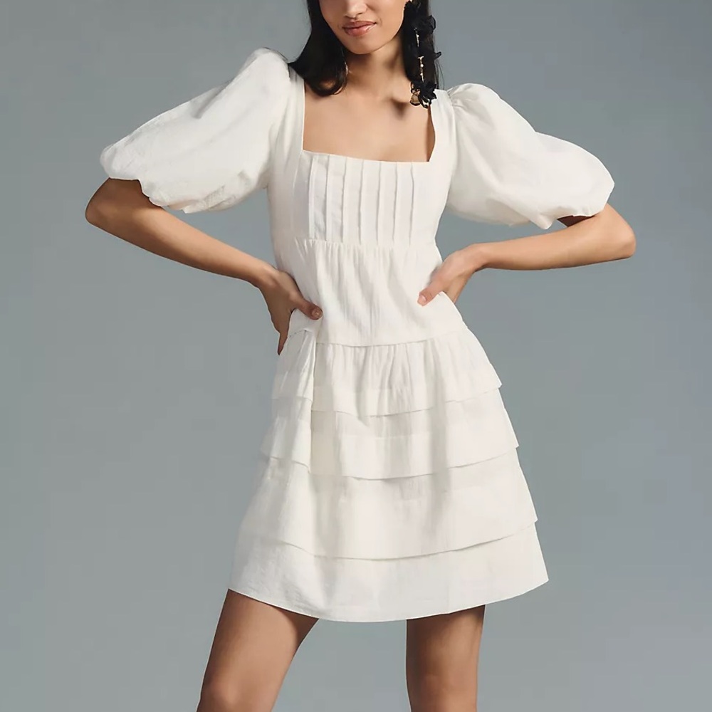 Anthropologie Square-Neck Puff-Sleeve Tiered Dress